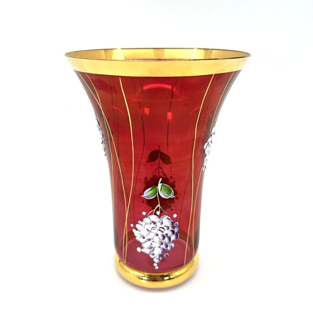 Famosa LPW Vienna Austria Ruby Red Glass Vase Hand Painted Grapes Gold Trim